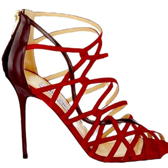 JIMMY CHOO FISCAL SUEDE & PATENT LEATHER STRAPPY STILETTO SANDALS (37.5) - Picture 2 of 8